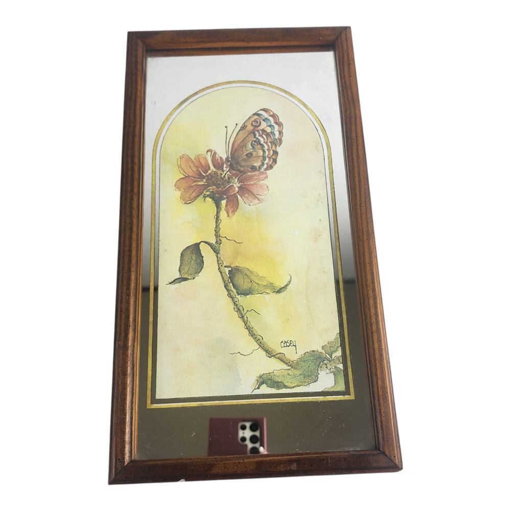 Vintage Wood Framed Mirrow with Butterfly Flower Art Decor Wall Hanging